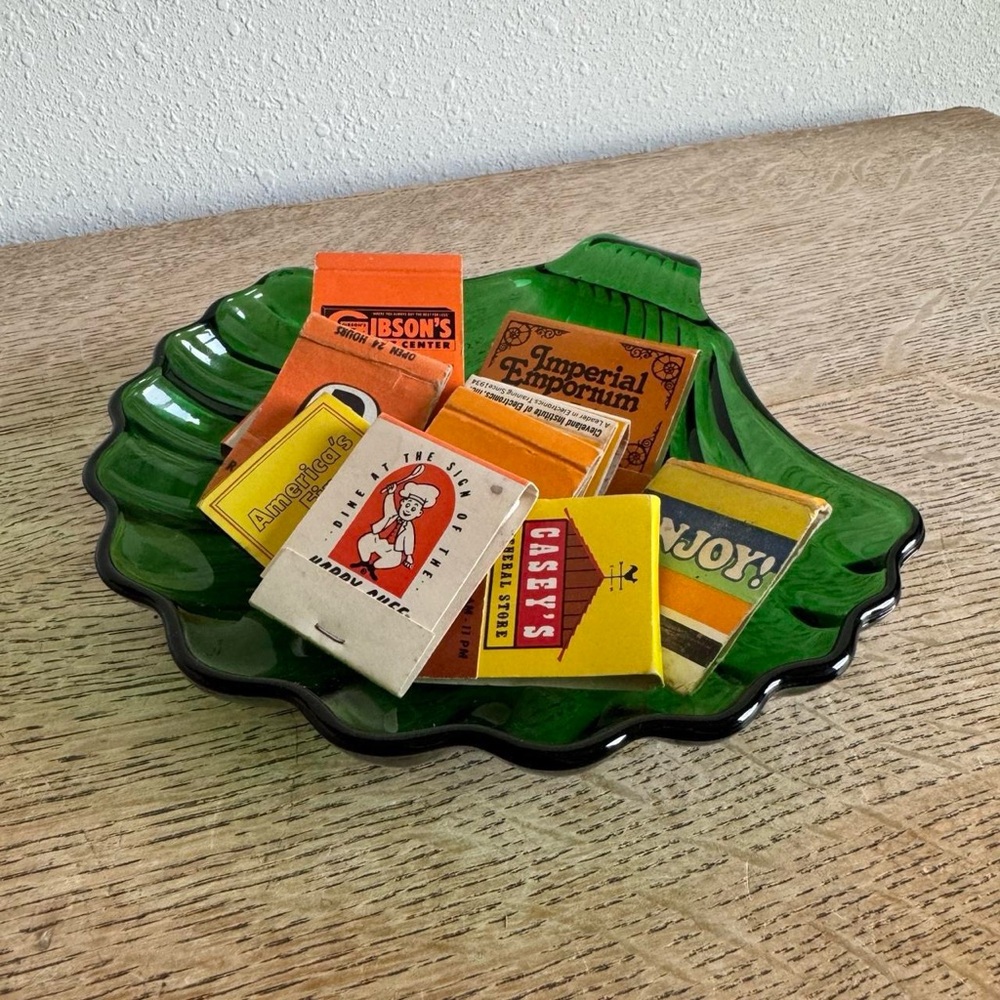 Orange & Yellow Vintage Matchbook Collection in Green Glass Shell Dish